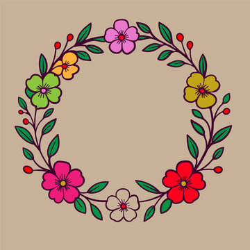 Hand-drawn colorful floral wreath frame illustration