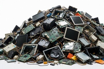 Fototapeta premium Large pile of discarded electronic waste on white background. Old computer parts, broken circuit boards, broken screens, cables form messy heap of e-waste. Junk hardware components need recycling to