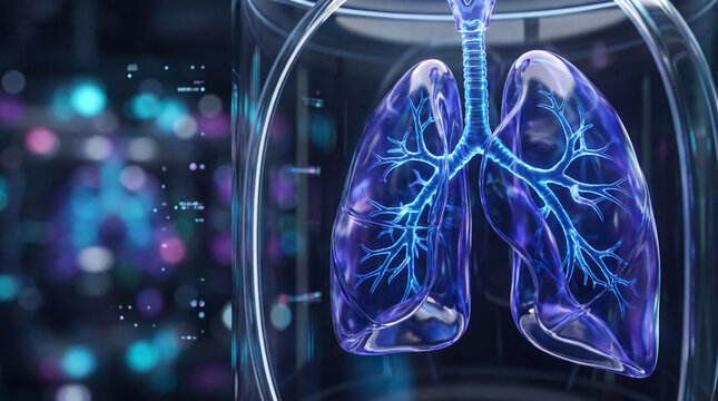 Digital anatomical visualization of human lungs with illuminated bronchi and trachea. Respiratory system, pulmonology and lung health concept with futuristic medical technology.