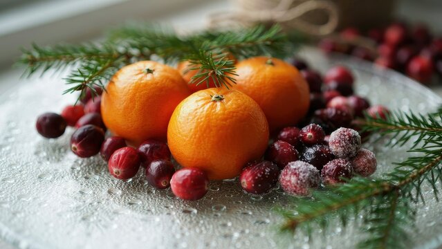Three tangerines with cranberries and pine sprigs on a textured glass plate.