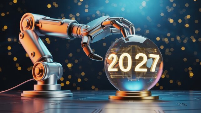Industrial robotic arm holding futuristic 2027 crystal ball on digital tech background