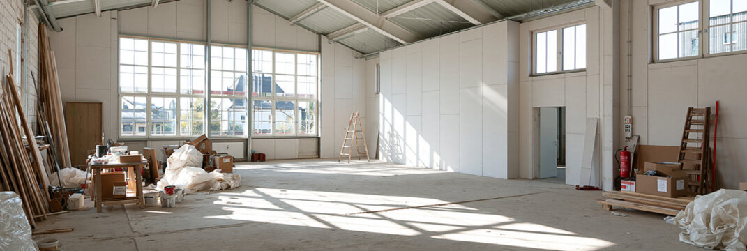 Leere helle Industriehalle mit gro&szlig;en Fenstern und Baumaterial