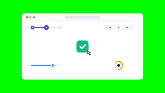 A digital interface displays a progress bar and a confirmation checkmark icon.