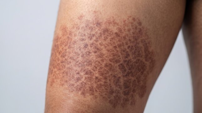 Close up of erythema ab igne toasted skin syndrome or reticulated hyperpigmentation on a leg