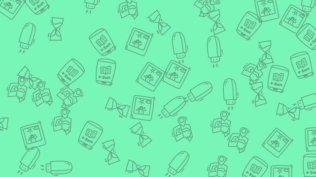 Seamless pattern with education and time management icons on a light green background.