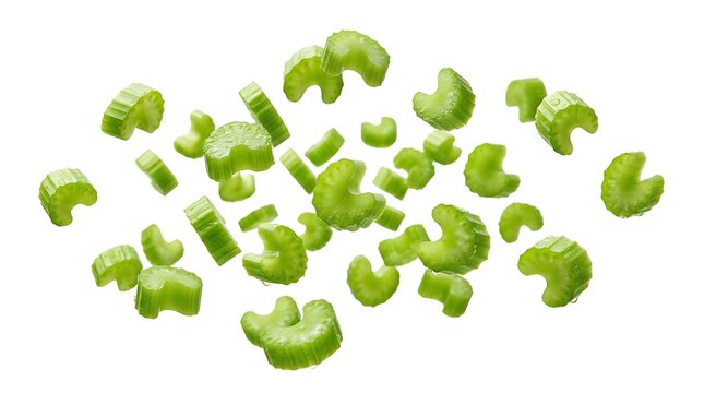 Fresh sliced celery pieces floating in the air on white