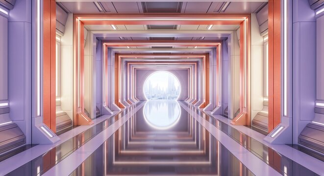 Futuristic sci fi corridor with glowing orange lights and reflective surfaces leading to a bright white portal
