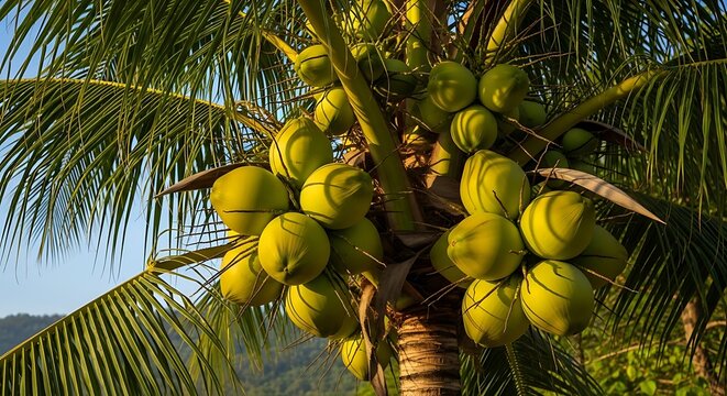 cluster of green coconuts on palm tree at tropical beach