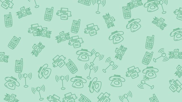 Seamless pattern background featuring various vintage communication technology icons in a soft green color palette.