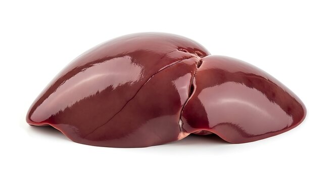 A raw fresh liver on white background for medical or culinary use