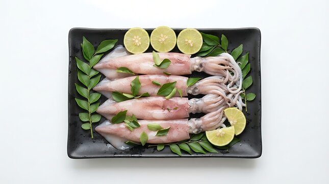 fresh raw squid with lime and kaffir lime leaves on platter