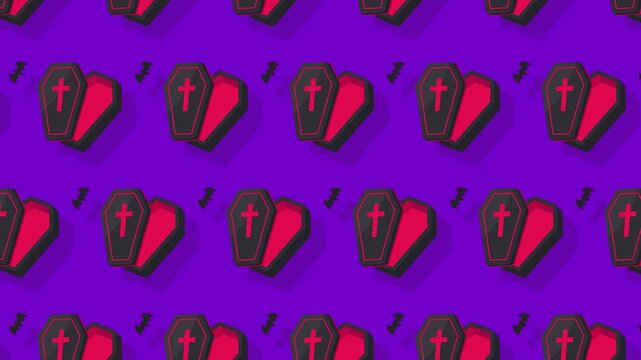 Spooky Halloween seamless pattern with cartoon coffins and flying bats on a vibrant purple background