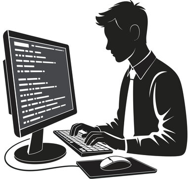 Black silhouette of a software developer or programmer sitting at a desk and typing code on a computer monitor, isolated on a white background, technology concept