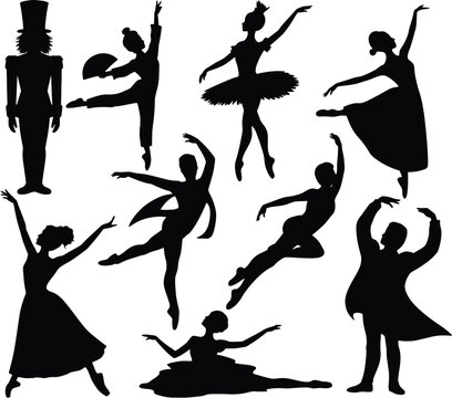Collection of black silhouettes featuring various ballet dancers in graceful poses, a nutcracker soldier, and performers, isolated on a clean white background for