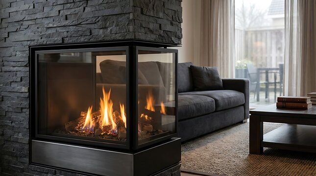Modern Glass Fireplace with Stone Cladding in a Cozy Living Room Interior with Comfortable Sofa