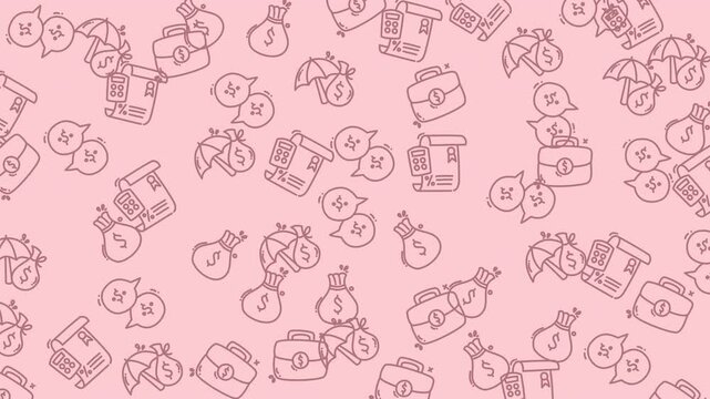 Seamless pattern of hand drawn business and finance icons on a soft pink background.