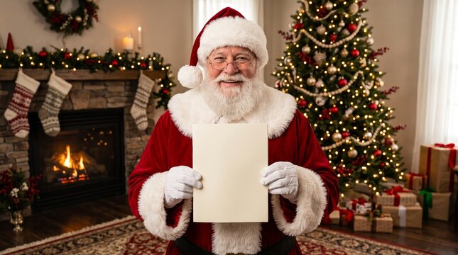 Santa Claus holding a blank letter in a festive living room  