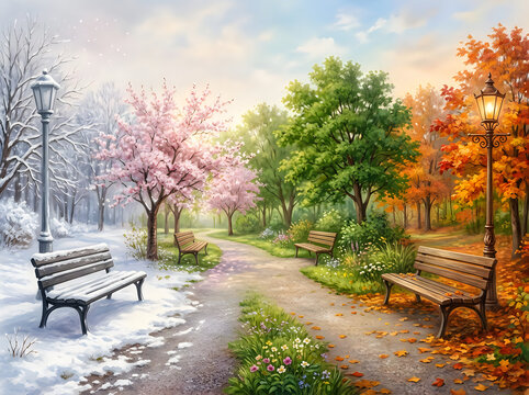 Park path showing the transition of four seasons in one landscape