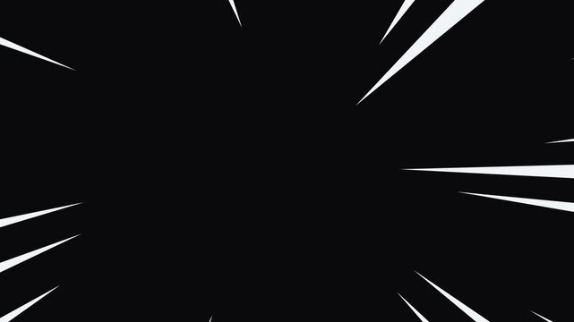 Comic speed lines animation, bright white radial streaks expanding from the center, black background screen, 4k fast zoom lines,dynamic motion overlay