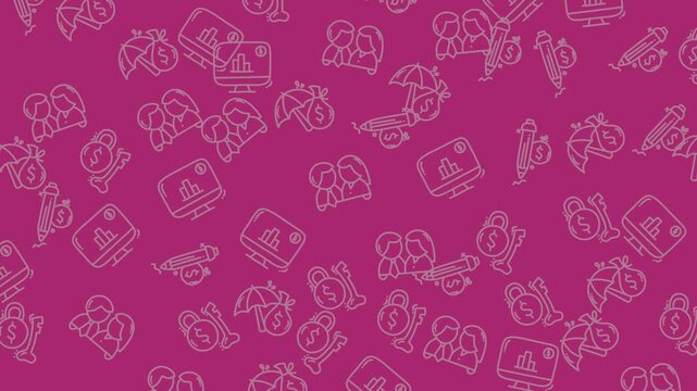 Seamless pattern background with financial and business icons on a magenta surface.