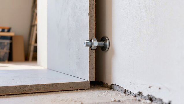 A close-up view of a metal bolt fastener and nut securing a gypsum board partition panel during interior construction and wall mounting work at a building site