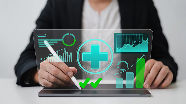 Professional using a digital tablet with holographic medical health