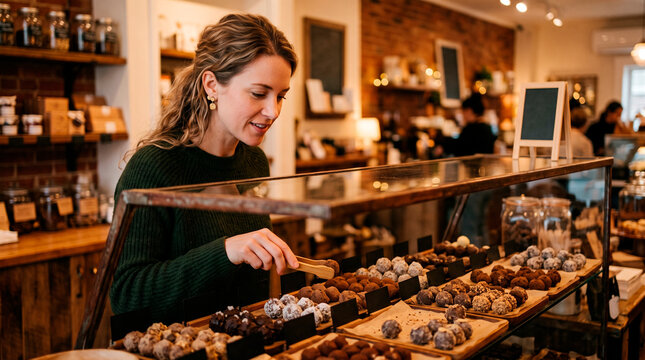 Woman selecting gourmet chocolates from a display case in a confectionery shop