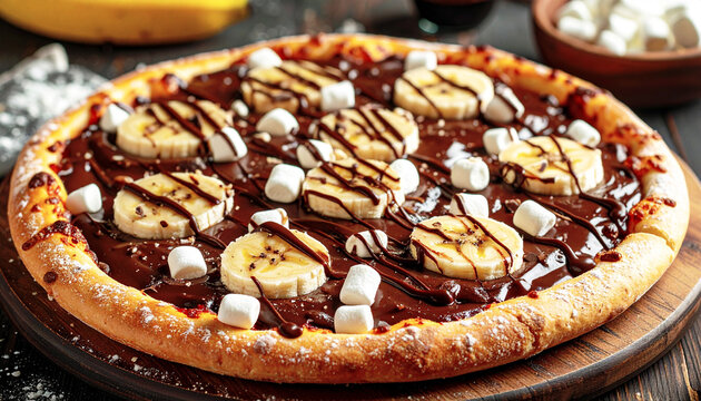 Dessert pizza with chocolate sauce, mini marshmallows and banana with a chocolate drizzle. AI