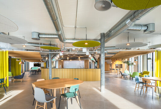 Modern coworking space with colorful workplace design