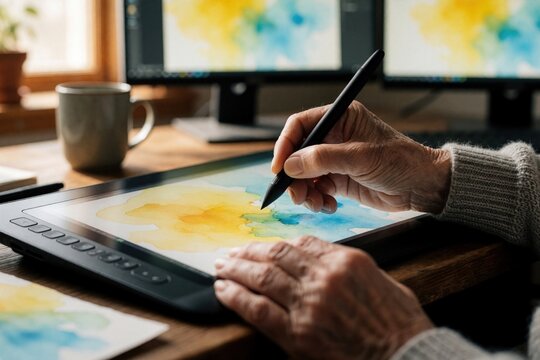 Senior hands use digital stylus on graphics tablet to create watercolor art. Elderly creative pro works on electronic drawing pad at home studio. Person develops digital design skills with modern