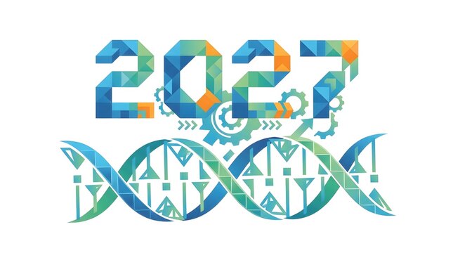 Low poly geometric 2027 with gears and DNA helix representing industry.