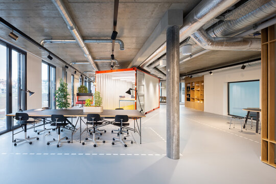Modern coworking space with industrial office interior design