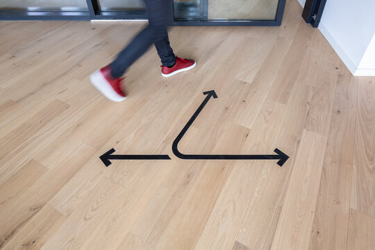 Social distancing floor marker in modern coworking office
