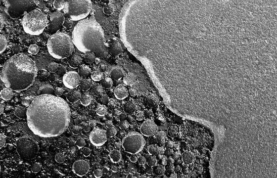Extreme closeup of grease congealed in the bottom of a frying pan.