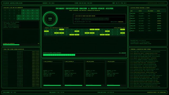 Brute Force Cipher Decryption Engine Green HUD Animation.