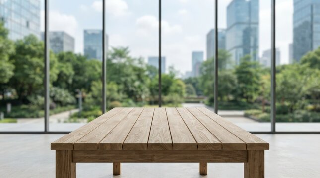 A minimalist empty wooden tabletop showcases soft natural lighting against a blurred urban park bokeh backdrop, ideal for product advertising and creative montage presentations.