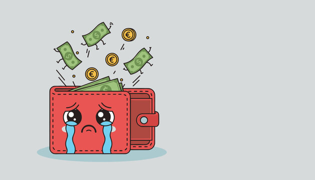 Personified red wallet with a crying face character and euro money flying away representing financial loss or debt.
