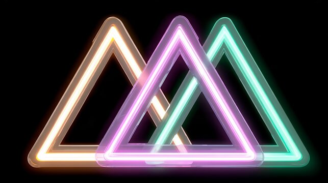 Overlapping glowing neon triangles in orange pink and green colors on black background, abstract geometric 3D shape design element.