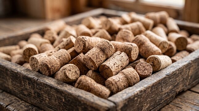 Rustic wooden crate filled with natural wine corks
