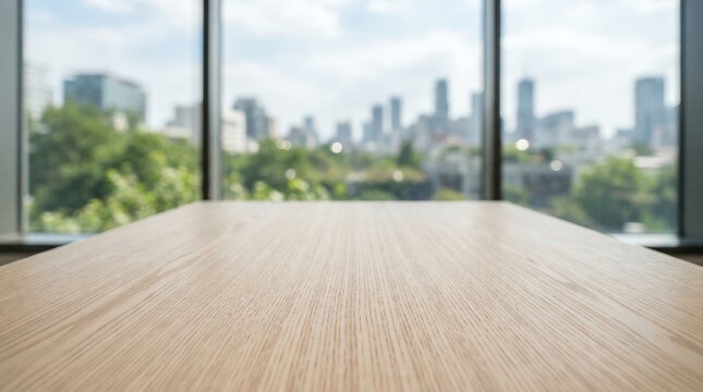 A minimalist empty wooden tabletop showcases soft lighting and blurred urban bokeh background ideal for product advertising, mockups, and creative montage presentations in professional settings