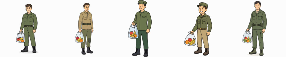 Fototapeta premium A set of vector illustrations of a male soldier carrying a transparent plastic bag filled with fruit.