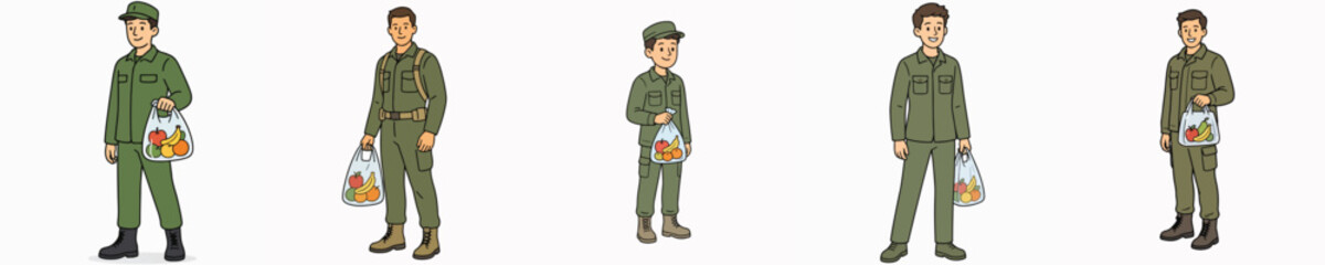Fototapeta premium A set of vector illustrations of a male soldier carrying a transparent plastic bag filled with fruit.