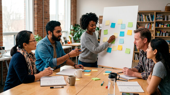 Diverse team collaborating on ideas using sticky notes on a whiteboard in an office setting