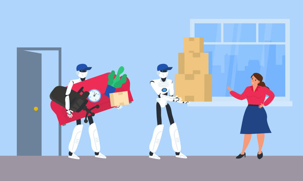 robots movers workers carrying  boxes and furniture woman at new home vector illustration 