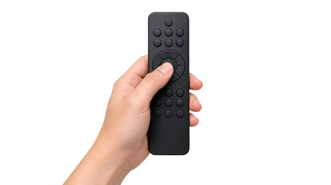 Hand holding black TV remote control isolated on transparent background