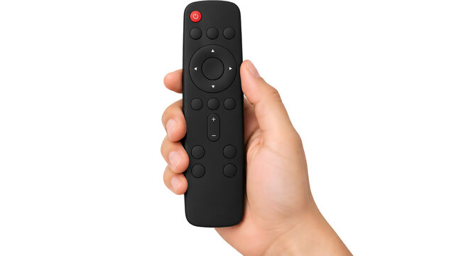 Hand holding black TV remote control isolated on transparent background
