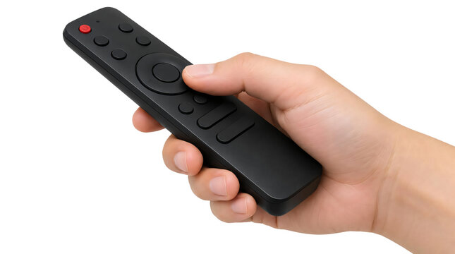 Hand holding black TV remote control isolated on transparent background