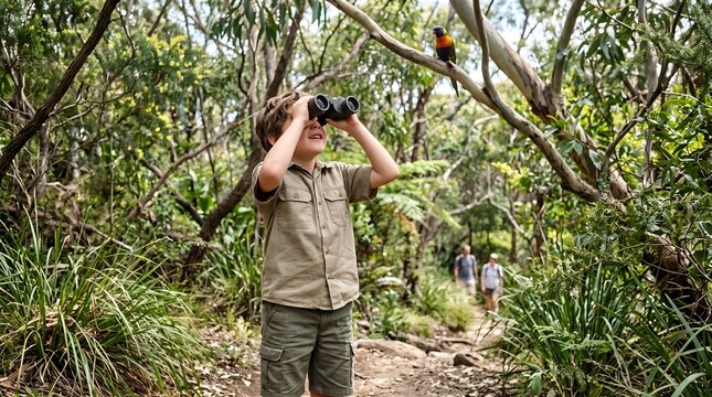 A young boy with binoculars explores a lush forest, watching a colorful bird while his family hikes the trail.