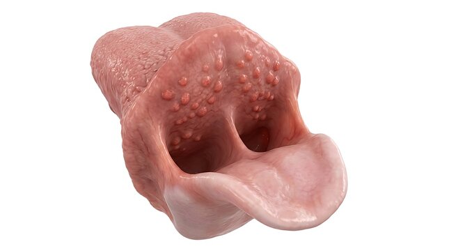 3D anatomical render of a human tongue with inflammatory bumps and oral papillae lesions