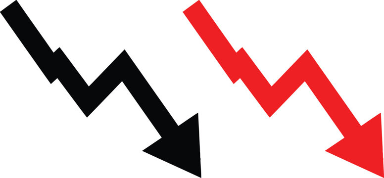 Black and red downward pointing jagged arrows showing a decline or financial loss concept